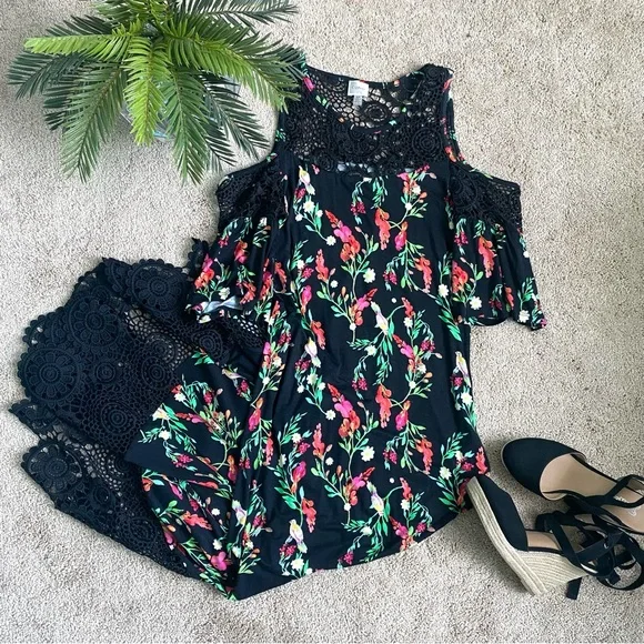 Cupio Dresses Cupio Black Floral Crochet Cold Shoulder Maxi